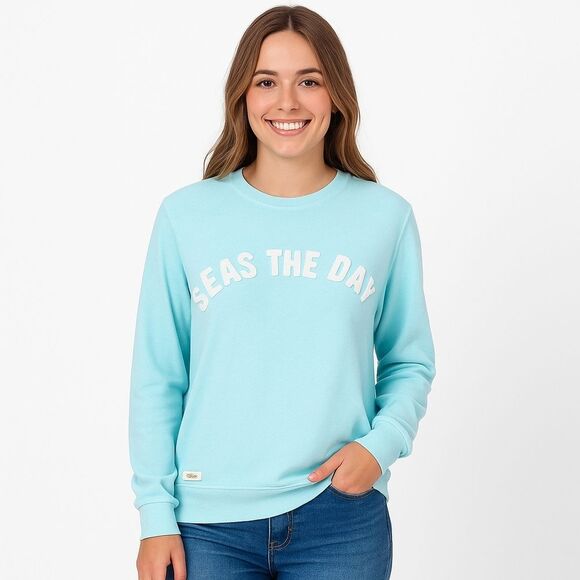 Simply Southern “Seas the Day” Aqua Blue Terry Crew Sweatshirt XL NWT - Picture 1 of 16